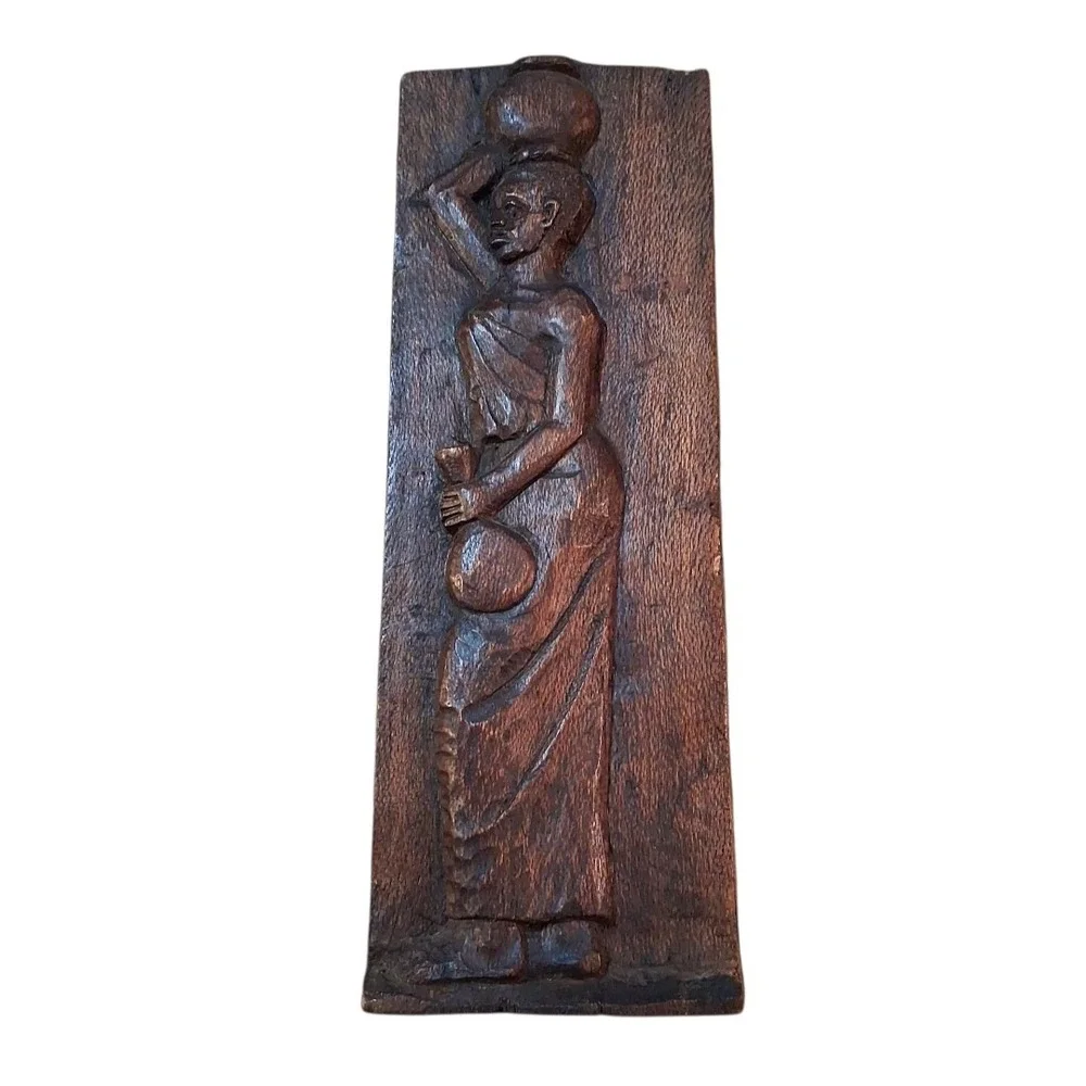 Folk Art Rustic Primitive Woman Figure Hand Carved Wooden Wall Panel Signed 12